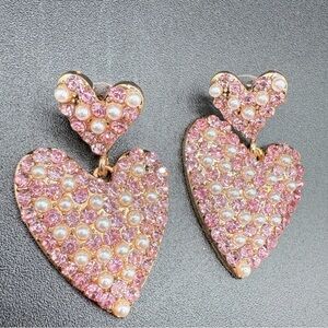 Pink Heart Sparkly Rhinestone and Pearl Earrings